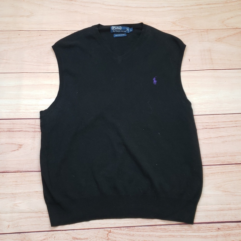 Polo Ralph Lauren Sweater Vest Mens Large Black Purple Pony Pima Cotton V-Neck